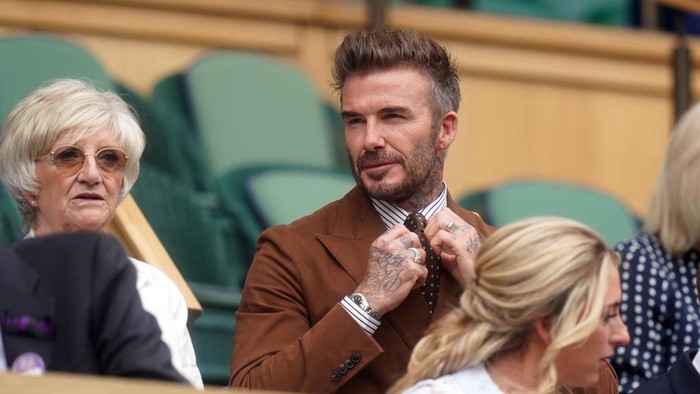 David Beckham and his mum Sandra in the royal box on day ten of the 2022 Wimbledon Championships at the All England Lawn Tennis and Croquet Club, Wimbledon. Picture date: Wednesday July 6, 2022. (Photo by Adam Davy/PA Images via Getty Images)