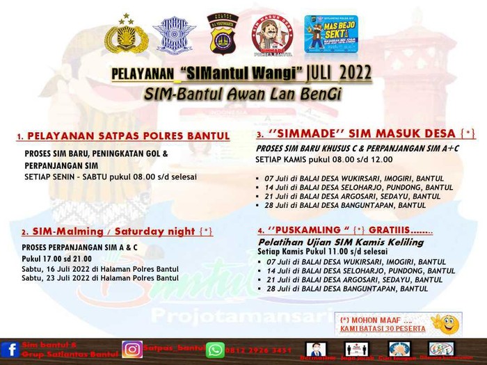 Layanan SIM-Bantul Awan Lan Bengi (SIMantul Wangi) bulan Juli 2022.
