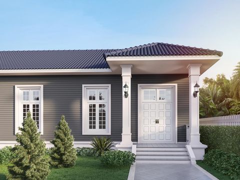 Front house entrance 3d render there are white door,gray plank wall and blue roof tile with beautiful green garden
