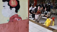 Para calon penumpang tampak duduk di kursi ruang tunggu. Mereka terlihat mengobrol satu sama lain sambil menunggu keberangkatan bus.