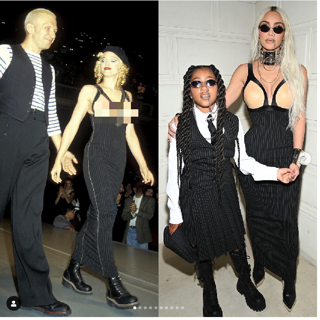 Madonna dulu memakai gaun yang populer dengan sebutan ‘bared breast’ karena busana tersebut mengekspos payudaranya. Namun Kim kini yang mengenakan gaun serupa, tampil lebih sopan. Foto: Dok. Getty Images