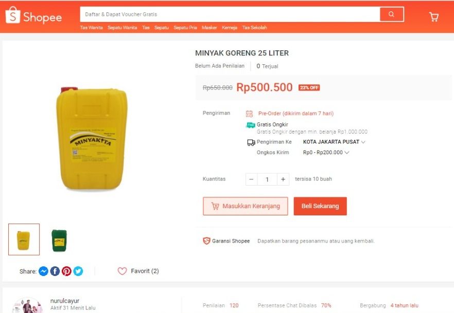 Minyak Goreng (Tangkapan Layar Shopee)