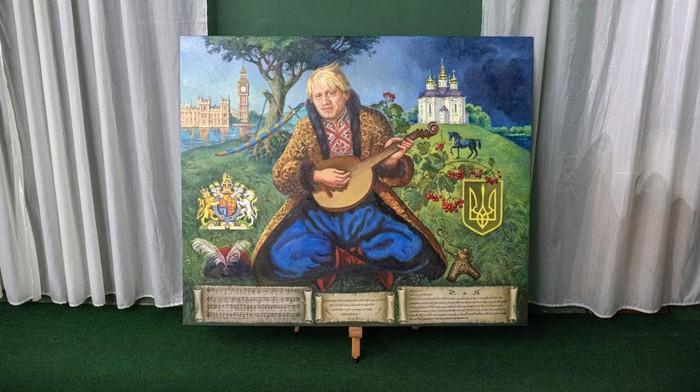 CHERNIHIV, UKRAINE - JULY 08: (EDITORIAL USE ONLY)  A painting of Boris Johnson dressed as a Ukrainian cossack by Ukrainian artists Daria Dobriakova and Yurii Kutilov assigned by Andrii Lisovyi is seen in Chernihiv Historical Museum on July 8, 2022 in Chernihiv, Ukraine. Last month, the Cossack community here named the now outgoing prime minister an honorary Cossack in relation to the United Kingdom's support for Ukraine in its fight against Russia. The painting is titled 