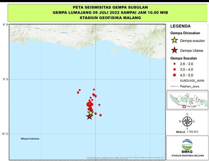 Gempa bumi dengan magnitudo (M) 5,2 terjadi di selatan Jawa Timur (Jatim), tepatnya wilayah Lumajang. Setelah itu tercatat ada 34 kali gempa susulan. (Twitter @DaryonoBMKG)