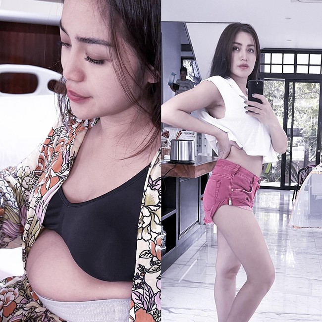 Jedar pun membandingkan fotonya setelah melahirkan dan penampilannya sekarang. Selain menerapkan gaya hidup sehat, wanita tersebut mengaku mengkonsumsi pil jamu pelangsing. Foto: Instagram @inijedar