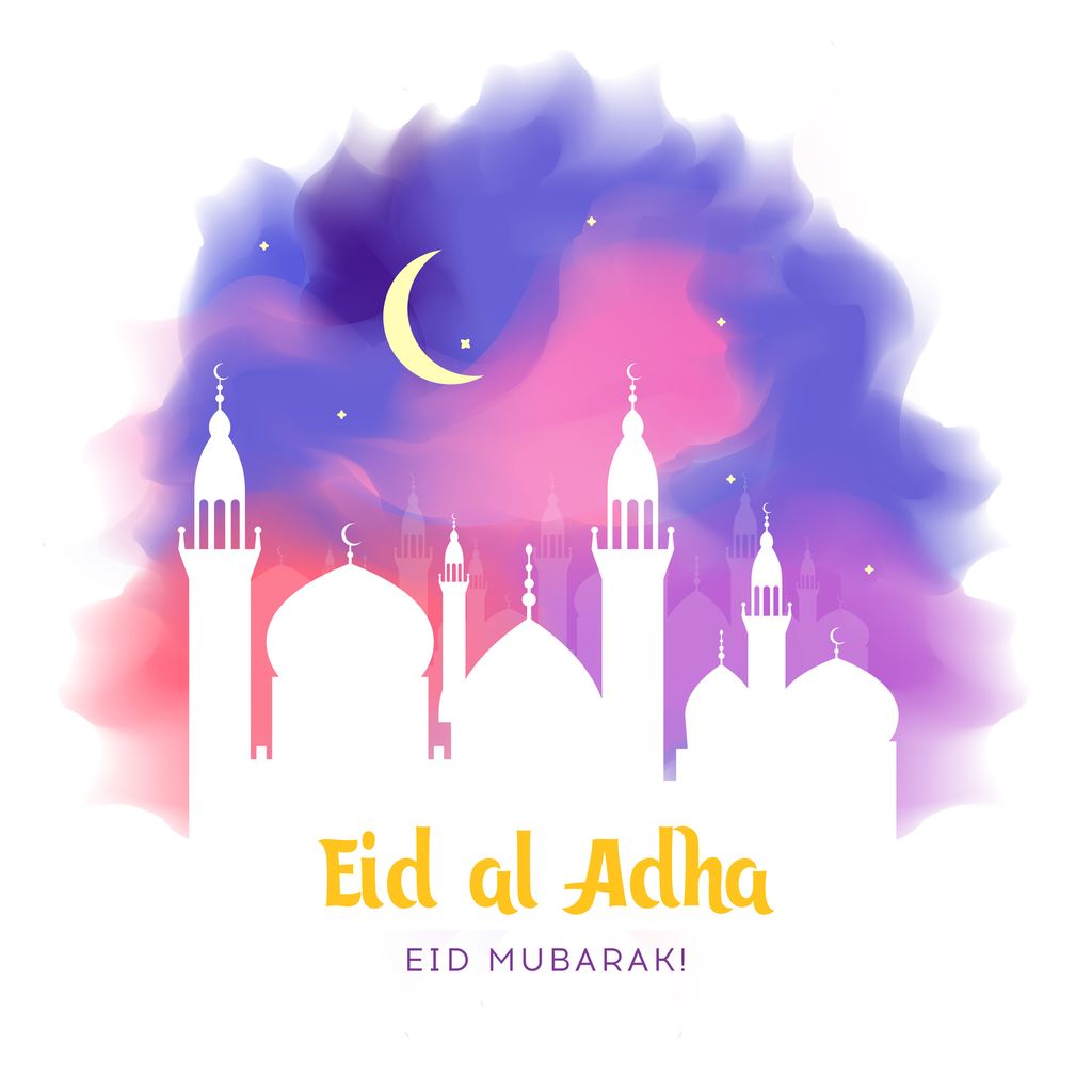 Eid Al Adha Background. Mosque and Islamic Arabic window. Greeting card. Vector illustration.