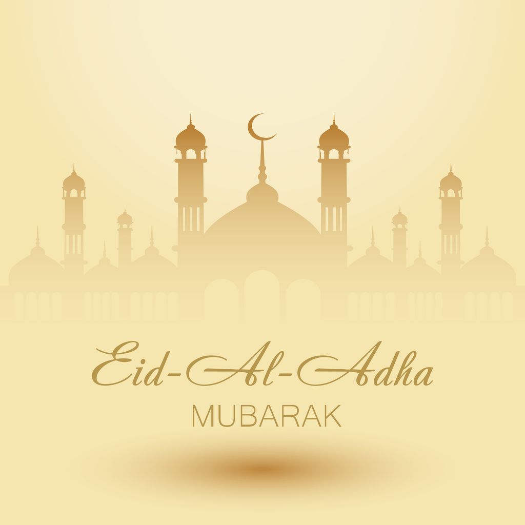 Eid Al Adha Background. Mosque and Islamic Arabic window. Greeting card. Vector illustration.