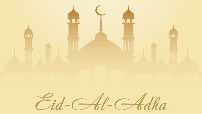 Eid Al Adha Background. Mosque and Islamic Arabic window. Greeting card. Vector illustration.