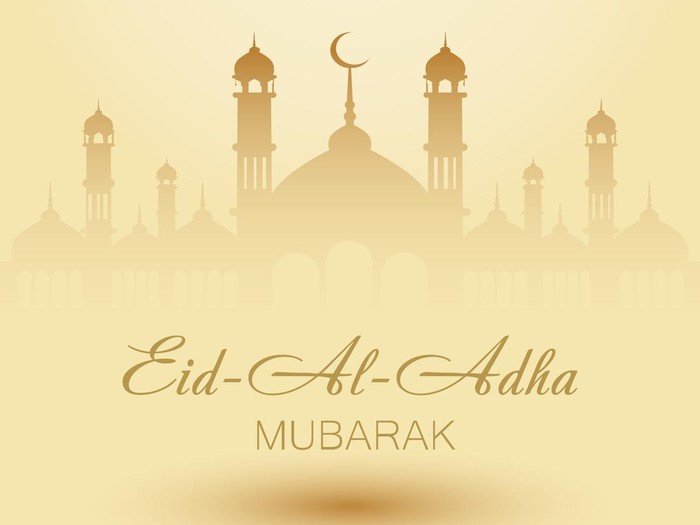Eid Al Adha Background. Mosque and Islamic Arabic window. Greeting card. Vector illustration.