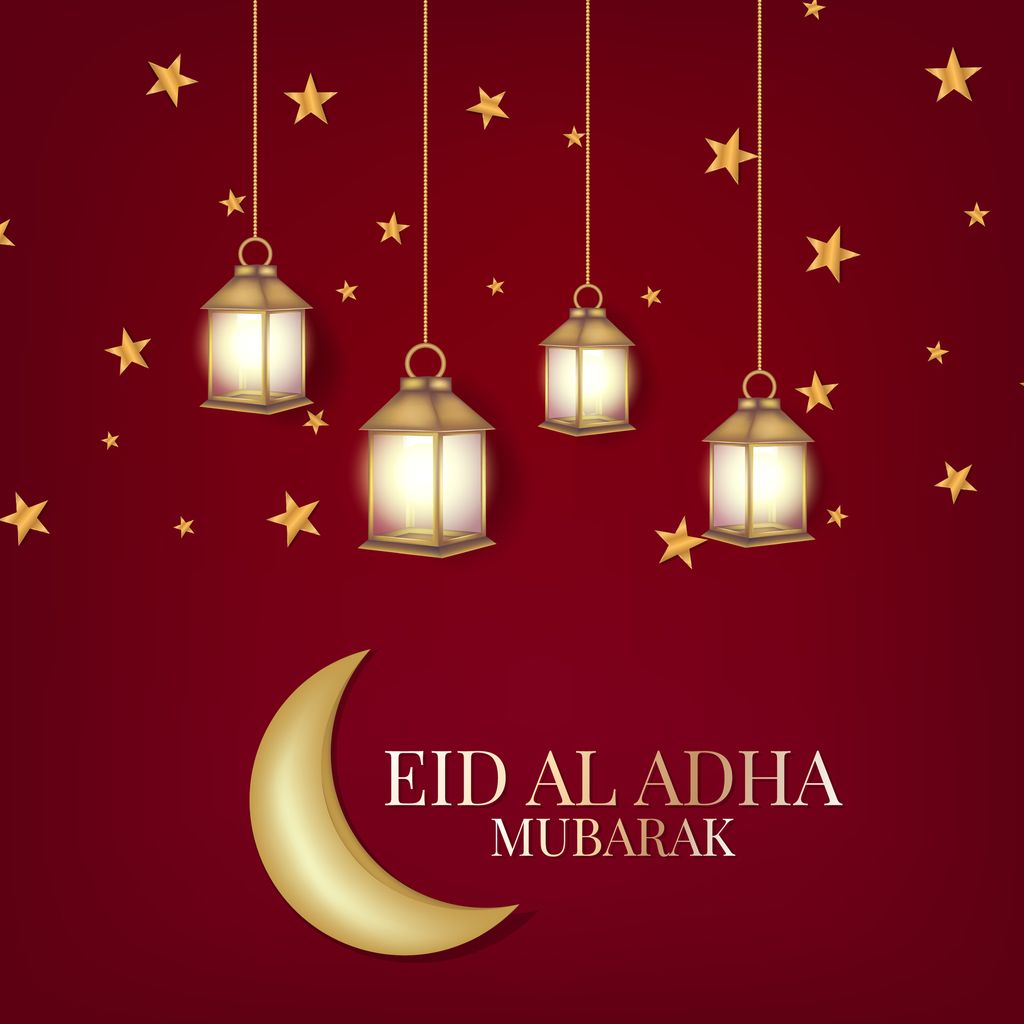 Eid Al Adha Background. Mosque and Islamic Arabic window. Greeting card. Vector illustration.