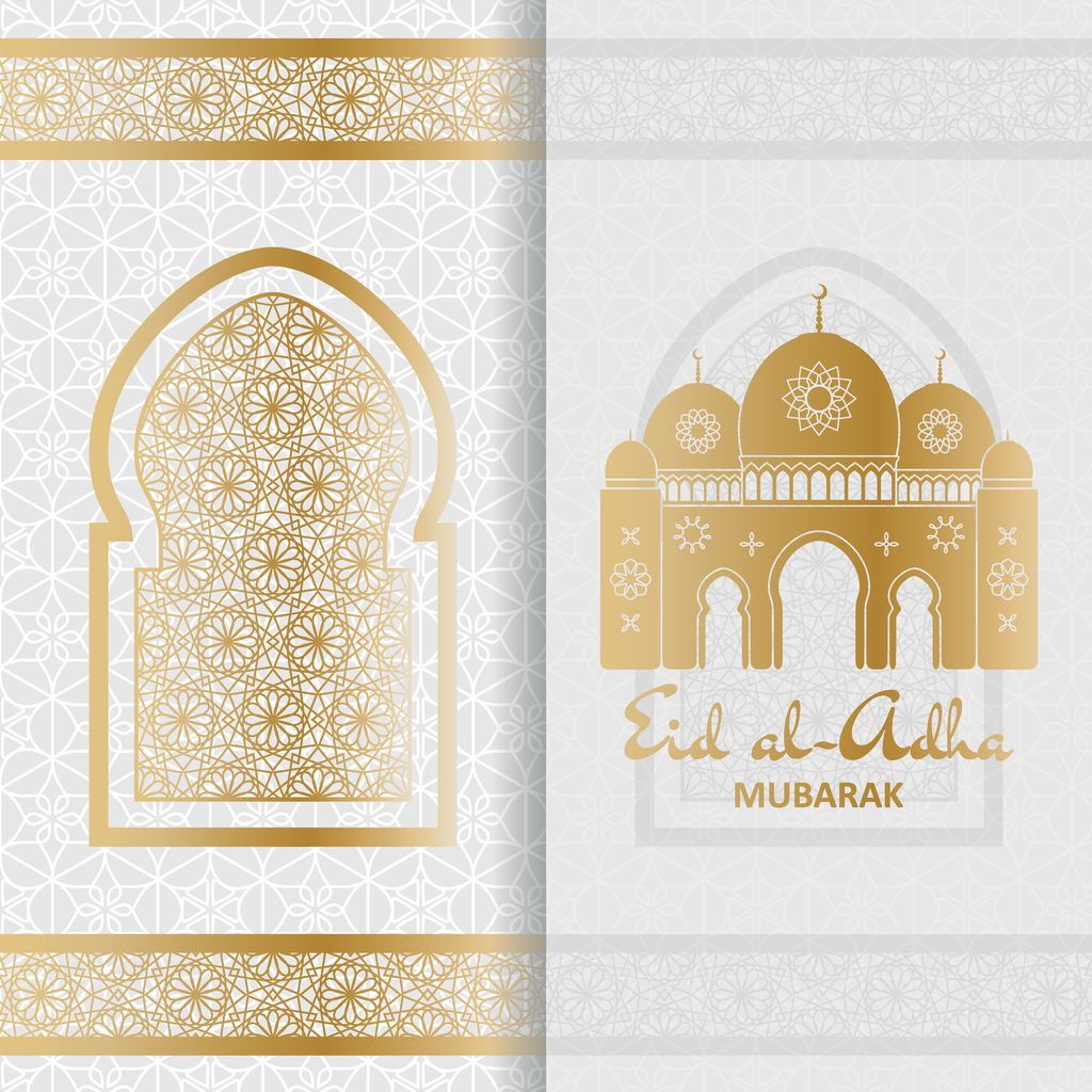 Eid Al Adha Background. Mosque and Islamic Arabic window. Greeting card. Vector illustration.