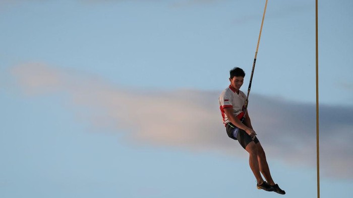 SALT LAKE CITY, UTAH - MAY 28: Kiromal Katibin of Indonesia looks on during the speed climbing finals of the IFSC Climbing World Cup at Industry SLC on May 28, 2021 in Salt Lake City, Utah. (Photo by Andy Bao/Getty Images)