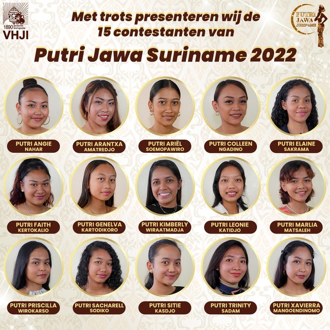 Dalam foto ditampilkan nama dan foto para kontestan. Terungkap jika sebagian besar wanita tersebut masih memiliki paras khas orang Jawa.Foto: Facebook Putri Jawa Suriname