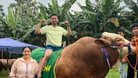 Raffi Ahmad dan Nagita Slavina diketahui juga membeli sapi dengan bobot mencapai 1,3 ton. Sapi milik Raffi Ahmad ini bernama Onto Seno. Begini momennya saat membeli sapi tersebut. Foto: Instagram