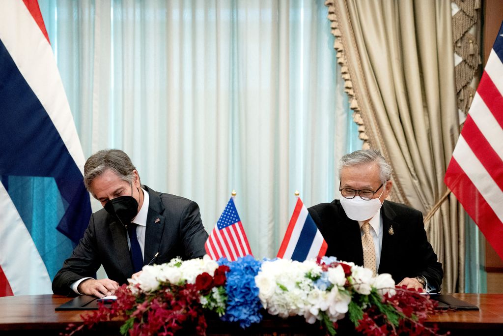U.S. Secretary of State Antony Blinken and Thailand's Foreign Minister Don Pramudwinai participate in a Memorandum of Understanding signing ceremony at the Thai Ministry of Foreign Affairs in Bangkok, Thailand,  July 10, 2022. Stefani Reynolds/Pool via REUTERS