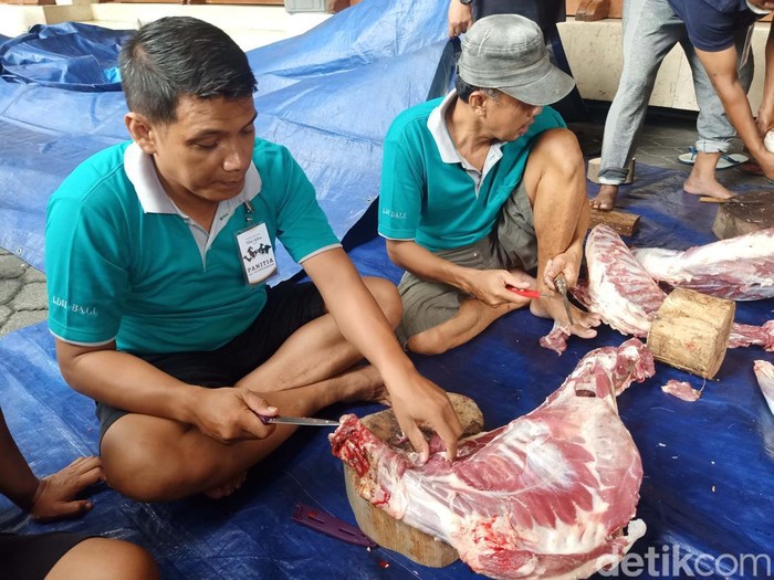 Pemotongan hewan kurban dilakukan di kantor LDII Bali, Minggu (10/7). Usai pemotongan panitia membagikan daging kurban pada masyarakat lintas agama.