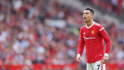 MANCHESTER, ENGLAND - APRIL 16: Cristiano Ronaldo of Manchester United during the Premier League match between Manchester United and Norwich City at Old Trafford on April 16, 2022 in Manchester, United Kingdom. (Photo by Robbie Jay Barratt - AMA/Getty Images)