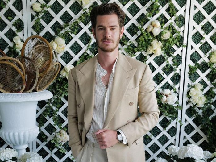 LONDON, ENGLAND - JULY 10: Andrew Garfield, wearing Ralph Lauren, attends the Ralph Lauren Suite during The Championships, Wimbledon 2022 at All England Lawn Tennis and Croquet Club on July 10, 2022 in London, England. (Photo by Darren Gerrish/WireImage for Ralph Lauren)