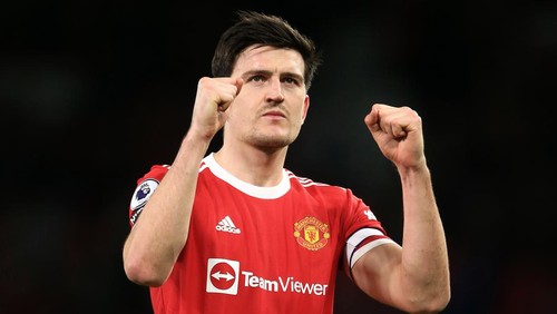 MANCHESTER, ENGLAND - MARCH 12: Harry Maguire of Manchester United celebrates victory after the Premier League match between Manchester United and Tottenham Hotspur at Old Trafford on March 12, 2022 in Manchester, United Kingdom. (Photo by Simon Stacpoole/Offside/Offside via Getty Images)