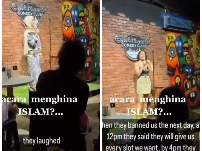Viral komika Malaysia lepas hijab saat tampil di atas panggung. Foto: dok. TikTok mie_8099 Viral komika Malaysia lepas hijab saat tampil di atas panggung. Foto: dok. TikTok mie_8099