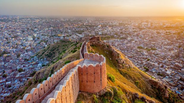 Aerial view of Jaipur from Nahargarh Fort at sunset