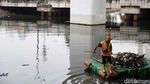 Petugas Bersihkan Kali Ancol dari Sampah Plastik