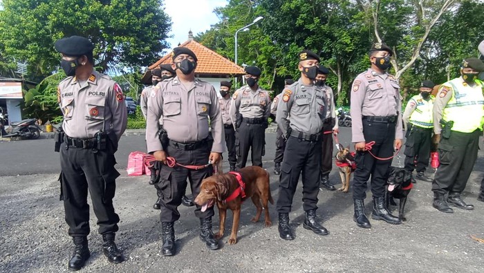 Anjing pelacak Polda Bali untuk lacak keberadaan bom saat diturunkan dalam apel pasukan pengamanan 3rd FMCBG dan 3rd FCBD Meeting Presidensi G20 Indonesia 2022 di Central Parkir ITDC.