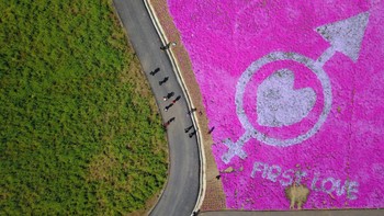 Pada 2018 lalu, lambang panah cinta muncul di ladang bunga Zhenjiang, China. Keren banget! Visual China Group via Getty Images.