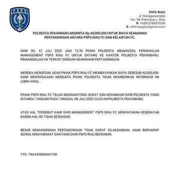 Isi postingan akun Instragram PSPS Riau.