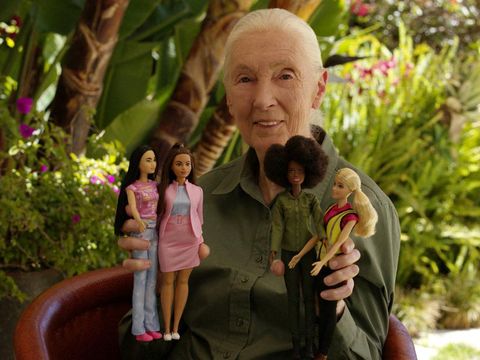 A handout picture shows primatologist Jane Goodall holding the new Eco-leadership team Barbie dolls, in Los Angeles, U.S., April 2022. Jane Goodall Institute/Handout via REUTERS ATTENTION EDITORS- THIS IMAGE HAS BEEN SUPPLIED BY A THIRD PARTY. NO RESALES. NO ARCHIVES MANDATORY CREDIT