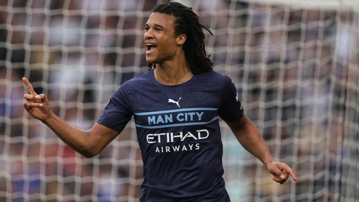 LEEDS, ENGLAND - APRIL 30: Nathan Ake of Manchester City celebrates after scoring a goal to make it 0-2  during the Premier League match between Leeds United and Manchester City at Elland Road on April 30, 2022 in Leeds, United Kingdom. (Photo by Matthew Ashton - AMA/Getty Images)