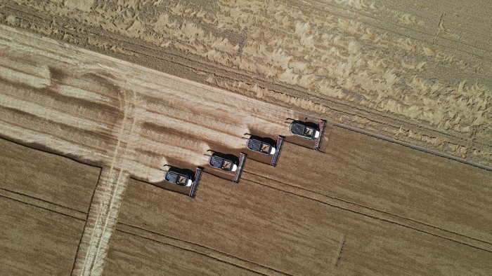 UKRAINE-CRISIS/RUSSIA-WHEAT Combines harvest wheat in a field in the Rostov Region, Russia July 7, 2022. REUTERS/Sergey Pivovarov