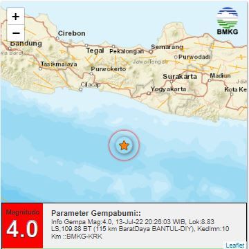 Gempa bumi di barat daya Bantul, Rabu (13/7/2022).