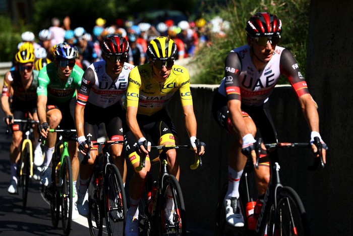 MEGEVE, FRANCE - JULY 12: Tadej Pogacar of Slovenia and UAE Team Emirates - Yellow Leader Jersey competes during the 109th Tour de France 2022, Stage 10 a 148,1km stage from Morzine to Megève 1435m / #TDF2022 / #WorldTour / on July 12, 2022 in Megeve, France. (Photo by Michael Steele/Getty Images)