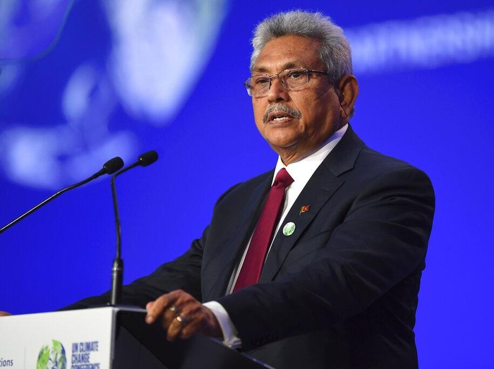 Sri Lankas President Gotabaya Rajapaksa speaks during the opening ceremony of the UN Climate Change Conference COP26 in Glasgow, Scotland, Monday Nov. 1, 2021. The U.N. climate summit in Glasgow gathers leaders from around the world, in Scotlands biggest city, to lay out their vision for addressing the common challenge of global warming. (Andy Buchanan/Pool via AP)