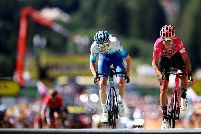 MEGEVE, FRANCE - JULY 12: A general view of the peloton stopped due to protesters in defending 