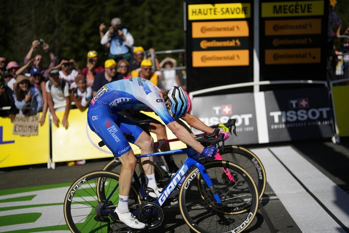 Tour de France MEGEVE, FRANCE - JULY 12: A general view of the peloton stopped due to protesters in defending