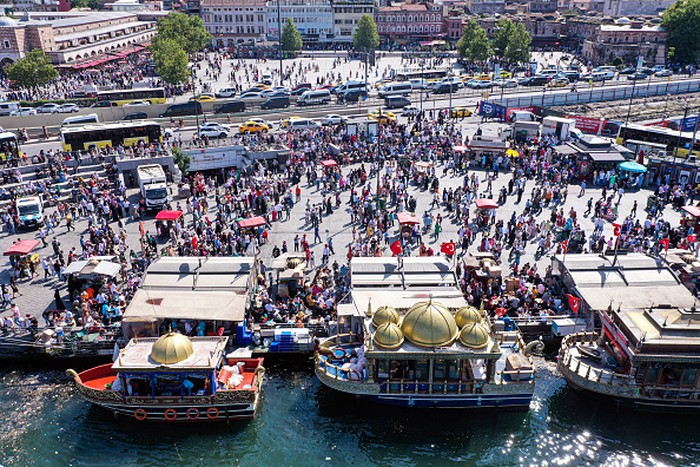 ISTANBUL, TURKIYE - JULY 12: An aerial view of the city center at Sultanahmet Square and the surrounding area in Istanbul, Turkiye on July 12, 2022. Local and foreign tourists enjoyed their time on the fourth day of the Eid al-Adha. (Photo by Lokman Akkaya/Anadolu Agency via Getty Images)