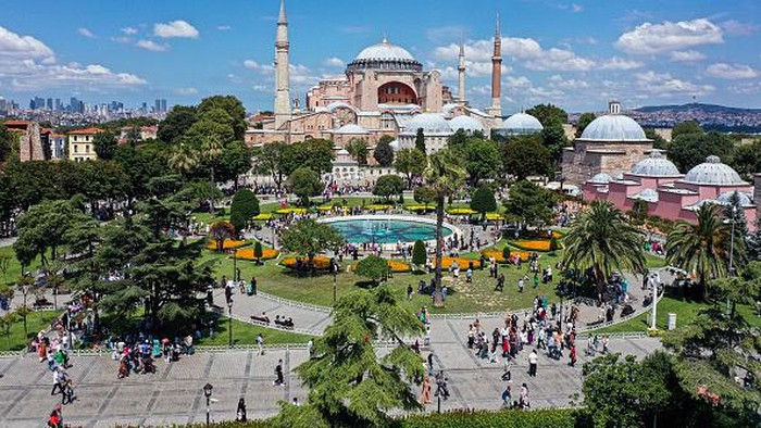 ISTANBUL, TURKIYE - JULY 12: An aerial view of the city center at Sultanahmet Square and the surrounding area in Istanbul, Turkiye on July 12, 2022. Local and foreign tourists enjoyed their time on the fourth day of the Eid al-Adha. (Photo by Lokman Akkaya/Anadolu Agency via Getty Images)