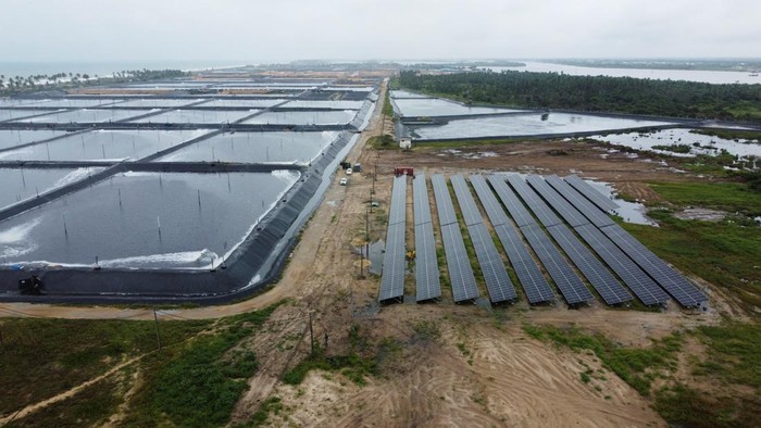 An aerial view of solar power panels is seen at the Atlantic Shrimpers farm in Badagry, Lagos, Nigeria July 5, 2022. REUTERS/Seun Sanni
