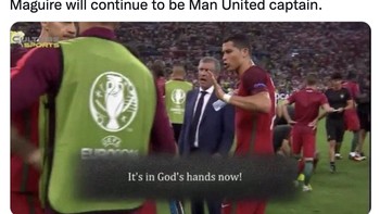 Meme Cirstiano Ronaldo kaget mendengar Maguire menjadi kapten lagi. Foto: Twitter