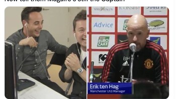 Meme pernyataan Erik Ten Hag ditertawakan usai mengumumkan Maguire tetap kapten MU. Foto: Twitter