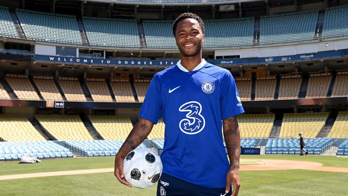 LOS ANGELES, CA - JULY 13: Raheem Sterling of Chelsea during a visit to Dodger Stadium on July 13, 2022 in Los Angeles, California. (Photo by Darren Walsh/Chelsea FC via Getty Images)