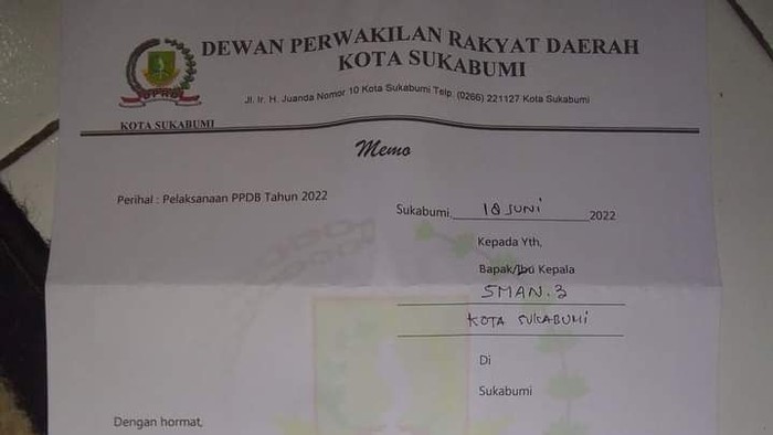Surat berkop DPRD Kota Sukabumi.