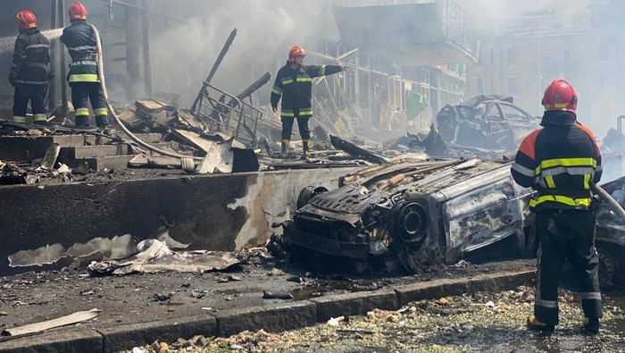 Destroyed vehicles are seen at the site of a Russian military strike, as Russias attack on Ukraine continues, in Vinnytsia, Ukraine July 14, 2022. Press service of the State Emergency Service of Ukraine/Handout via REUTERS ATTENTION EDITORS - THIS IMAGE HAS BEEN SUPPLIED BY A THIRD PARTY.