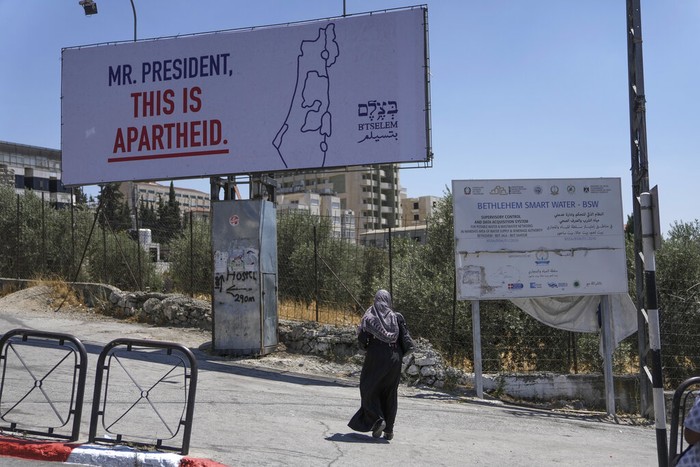 US Biden Mideast A billboard saying