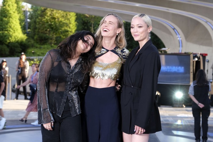 1407756605 PARIS, FRANCE - JULY 09: Actresses Iman Vellani, Brie Larson and Pom Klementieff attend Marvel Avengers Campus opening ceremony at Disneyland Paris on July 09, 2022 in Paris, France. (Photo by Laurent Viteur/Getty Images)