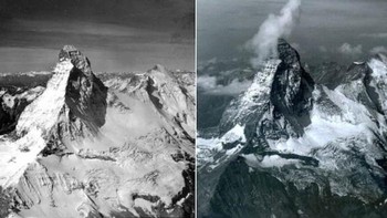 Akumulasi hujan salju yang menurun di Gunung Matterhorn antara tahun 1960 dan 2005 Foto: NASA