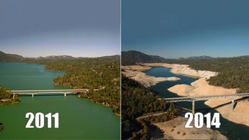 Danau Oroville pada tahun 2011 (kiri) dan 2014 (kanan) di Oroville, California, yang mengalami kekeringan luar biasa. Foto: NASA