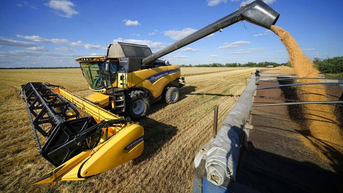 A Russian soldier atop of a military truck guards an area during foreign journalists watch and film as farmers of the Voznesenka-Agro farm harvest with their combine in a wheat field not far from Melitopol, south Ukraine, Thursday, July 14, 2022. About 300,000 tonnes of harvest have been collected in Melitopol district of Zaporizhzhia region. Russia took control of part of the Zaporizhzhia region quickly after the launch of the military operation in Ukraine. This photo was taken during a trip organized by the Russian Ministry of Defense. (AP Photo)